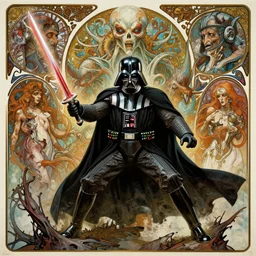 platonic ideal star wars, malignant diesel punk chtulu nazgul mandelbulb fantasy, ego death, detailed, darth vader, action pose!!, intricate, volumetric lighting, hyperrealism, intense, scary, decay, artgerm, davinci, moebius, dan mumford, alphonse mucha, poster,