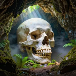 Skull made out of quartz in a lush cave, nostalgic, calming, aesthetic, volumetric fog, godrays, high contrast, high contrast, high contrast, vibrant colors, vivid colors, high saturation, by Greg Rutkowski and Jesper Ejsing and Raymond Swanland and alena aenami, featured on artstation, wide angle
