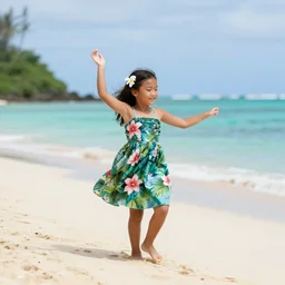 a five - year - old hapa girl, wearing a hawaiian dress, dancing on a tropical beach, portrait, wide shot, midday light, bright colors, illustration, pop art, splash painting, graphic novel, art by geof darrow, ashley wood, alphonse mucha