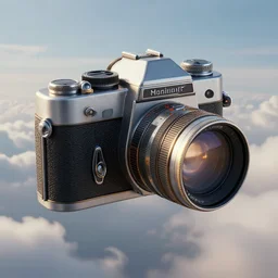 Simón Staalhag Style, Great Vintage Spacecraft Shaped Like A Vintage Photographic Camera, Flying, Clouds, Realistic, Many Details, Ultra Detailed, Octane Render, Real Engine 5 Cinematic, Realistic, Intricate Detail, Finely Detailed, Small Details, Extra Detail, Extra Detail, Extra Detail, Extra Detail More details, tiny details, high resolution, 3D, PBR, path tracing, volumeric lighting, octane render, Arnold Render, 8k