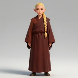 tall female half elf with short ears, long blonde single braided hair, almond shaped dark brown eyes with long lashes, big forehead with a round tapered face, sharp nose with rounded edges, full lips, monk clothes, full body illustration, character art, character design, 4 k, 8 k, unreal render