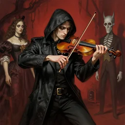 the parka playing the violin in the hell, art by greg manchess, sorolla, rene magritte, detailed digital art, artstation hd