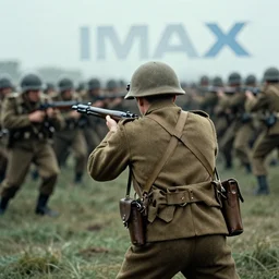 a color photograph of a ww 2 soldier from behind charging at the enemy lines by christopher nolan. cinematic shot. cinematography. detailed. hq. in - frame. imax. anamorphic film. anamorphic bokeh!!. helios 4 4 m.