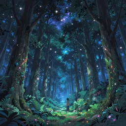 an award - winning anime style wallpaper of a beautiful forest at night, stars shining in the sky, lucid dream, ethereal, intricate details, vibrant colors, trending on artstationhq