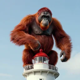 red orangutan as kingkong raging on top of lighthouse building, movie screenshot, wallpaper, kingkong movie 1 9 3 3, colorfull, realistic, pixar, glomwave, hardmesh, sharp, black pen drawn edges