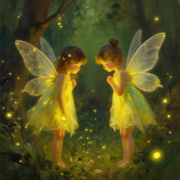 two little fairies. fireflies. gold - green atmospheric lighting. photorealistic painting by greg rutkowski.
