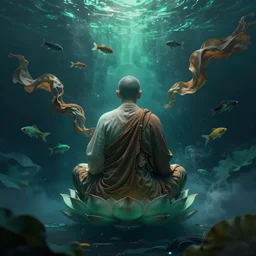backside of ancient wise monk meditating underwater, lotus pose, epic composition, fabrics flying around him, smoky, dark, mysterious, colourful fish, high detail, green and blue light, digital art, artstation, unreal engine 5, octane render