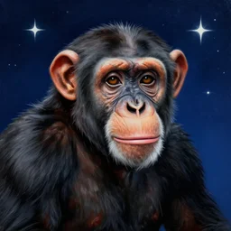 portrait painting of chimpanzee in space, stars in the background, dark blue background, trending on artstation