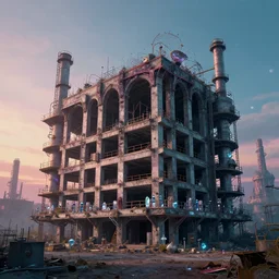 a beautiful photorealistic rendering of building nature unfinished building industrial architecture architecture urbex pharmacy by wes anderson, apocalyptic laser tron alien synthwave anime dramatic lighting extraterrestial sea dieselpunk atlantis magic realism crystal at dawn, archdaily, wallpaper, highly detailed, trending on artstation.