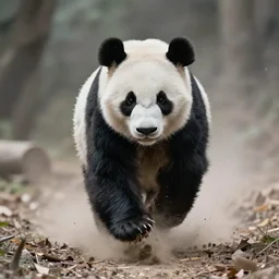 award winning wildlife photography, a panda, high midair shot, running towards the camera, straight shot, high shutter speed, dust and sand in the air, wildlife photography by Paul Nicklen, shot by Joel Sartore, Skye Meaker, national geographic, perfect lighting, blurry background, bokeh