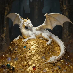 concept art of a white scaled dragon laying on a mountain of golden coins and precious jewels inside a dark castle, medieval, dark concept art, jewels, gold, painting by wlop, nixeu and greg rutkowski, beautiful, semirealism, artstation, octane render, sharpness, 8 k, golden ratio