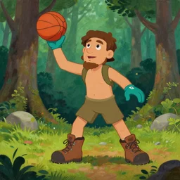 a hobbit wearing hiking boots and teal gloves playing basketball in a forest, painting by beeple