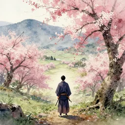 A lone samurai watching over a valley of cherry blossom trees, decayed, water color painting, concept art, HD —H 1024