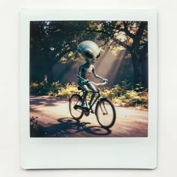 Old polaroid photo of an alien on a bicycle in Texas