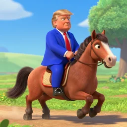 Donald trump riding a pony in the style of pixar