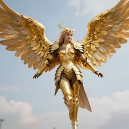 a valkyrie warrior with angel wings flying with golden armor in front of a sky background, digital art, highly detailed, photorealism, hyperrealistic