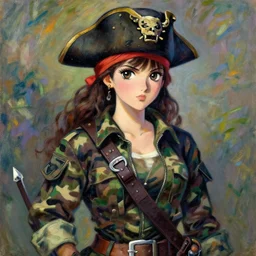 a portrait of a female pirate, camouflage uniform, very anime in impressionist style, anime trending artwork, anime painter studio, by claude monet