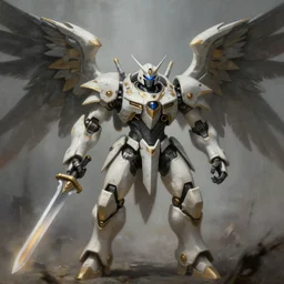 white armored core robots with laser sword, big wings, long lens, wide angle, greg rutkowski, drark, dark, plutus su, chris scalf, lucas graciano, billy christian, symmetrical, atmospheric haze, blue eye, grey and gold color palette, painting, d & d, fantasy, detailed, realistic, complimentary colors, light, artstation, cinematic lighting, close up