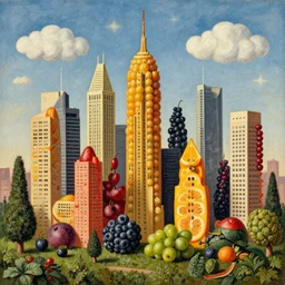 skyscrapers made out of fruits, in style of giuseppe arcimboldo