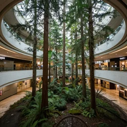 liminal photograph of a pacific northwest forest inside a huge abandoned mall, wide angle photography