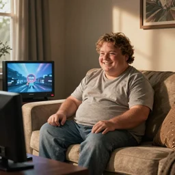 chubby Zack Efron in sofa watching tv, realistic