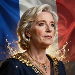 Portrait of Marine le Pen as emperor of France , french flag,  amazing splashscreen artwork, splash art, head slightly tilted, natural light, elegant, intricate, fantasy, atmospheric lighting, cinematic, matte painting, by Greg rutkowski