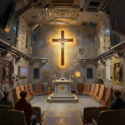 space station prayer room, with cross, dramatic ambient lighting, epic composition, high detail, octane render, unreal engine, 8 k, smooth gradients, professional photo, photorealistic, concept art, oil painting, digital art, deviantart artstation, ray tracing, intricate complexity, extremely detailed,