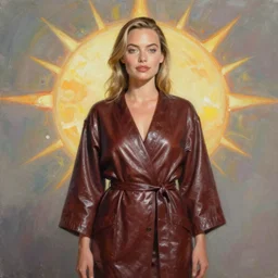 Liang Huatao painting of stunning Margot Robbie in a Solarpunk leather robe, abstract sun in background, accurate anatomy, full body portrait, shiny soft skin, soft lighting, sharp details, warm colors, studio portrait, 35 mm film, subsurface scattering, lens flare