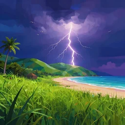low angle, low poly, surrealist lights, psychedelic water colors, grassy hills background, tropical 🏝 island with a beach, night with thunder and lightning, nautical birds in the sky