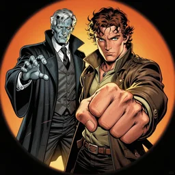 hyper detailed comic illustration of Tommy Shelby punching The Tenth Doctor, Android Jones intricate details, vibrant, solid background, low angle fish eye lens