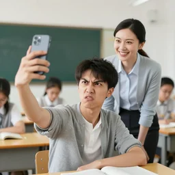 a very angry student taking a selfie with a very happy teacher in a classroom.