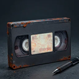 ink & felt pen render vhs tape as horrificly oppressing brutalist object ian miller, alex ross, & vincent di fate fine art masterpiece baked at 3 0 0 f, matte painting, neon cold lighting, aged with patina, rusted, award winning drawing from architecture digest, photorealistic render, cinematic