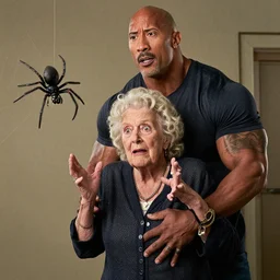 Dwayne Johnson as an old lady frightened by a spider