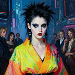 close up portrait of a punk goth girl posing wearing a fluorescent kimono in a cyberpunk futuristic city by mario testino, oil painting by canaletto hieronymus bosh leonardo da vinci piero della francesca botticelli