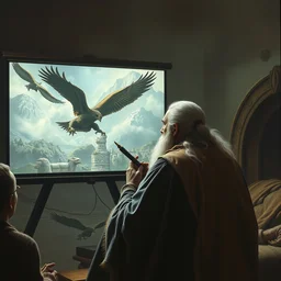 gandalf using powerpoint to explain why he didn't use the eagles. a 2 4. artgerm. high detail scene. beksinski. epic ultrarealism. dramatic lighting. oil on canvas. cinematic wide angle lens