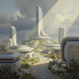 futuristic village. painting by jim burns.
