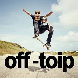 man with a moai head doing a kickflip over the words'off - topic