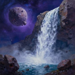 waterfall in asteroid field, purplish blueish space in background, ultra detailed, high quality, artstation award winner, oil painting, digital painting, photorealistic, 8k, vibrant, detailed still water