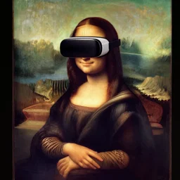 mona lisa painting wearing a virtual reality headset