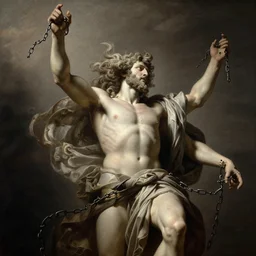 briareus, windy, chains broken on hands, dramatic, stoic, modern, is ( ( with arms half lifted toward us ) ). light dust, magnificent, hyperdetailed, theatrical, masterpiece, from below, 9 0 mm lens, painted by jean honore fragonard and greg rutkowski