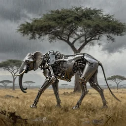 mechanical wildlife walking on the african plains, digital matt painting, fantasy art, another world, acacia trees, dramatic lighting, heavy rain