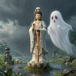 post design craig mullins and ghibli digital illustration of joss sticks ， guanyin ， ghost, summer, rainstorms unreal engine, hyper realism, realistic shading, cinematic composition, realistic render, octane render, detailed textures, photorealistic, wide shot
