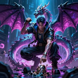cyberpunk wizard summoning a dragon, fine detail, 4 k, neon lighting, realistic lighting