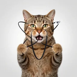 realistic cat holding up word atom