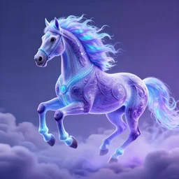 a stunning horse with bioluminescent mane and tail running in the clouds by sandra chevrier and greg rutkowski, neon hooves, purple blue color scheme, vaporware, retro, outrun, high key lighting, volumetric light, digital art, highly detailed, fine detail, intricate, ornate, complex, octane render, unreal engine, photorealistic