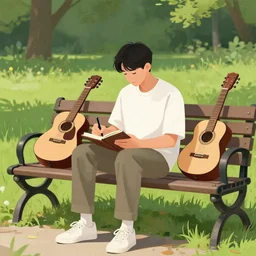 a man sitting on a bench in the park writing in his notebook, a guitar is next to him on his bench, digital art