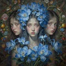 breathtaking detailed concept art painting of goddesses of light blue flowers with anxious piercing eyes and background pattern blend of flowers and fruits and birds, by hsiao - ron cheng and beto val and john james audubon, bizarre compositions, exquisite detail, extremely moody lighting, 8 k