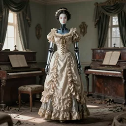 detailed well preserved photo of female android in beautiful victorian dress standing in decaying guest room with piano and chair