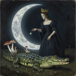 the queen of the moon feeding stars to a crocodile with mushrooms growing on it, ominous, dark and poetic, painted on masonite, by remedios varo