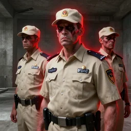 zombie security guard officers in beige uniform and caps with background brutalist concrete interior trending on artstation digital painting highly detailed ( ( red aura glow ) ) 4 k 8 k hd by greg rutkowski